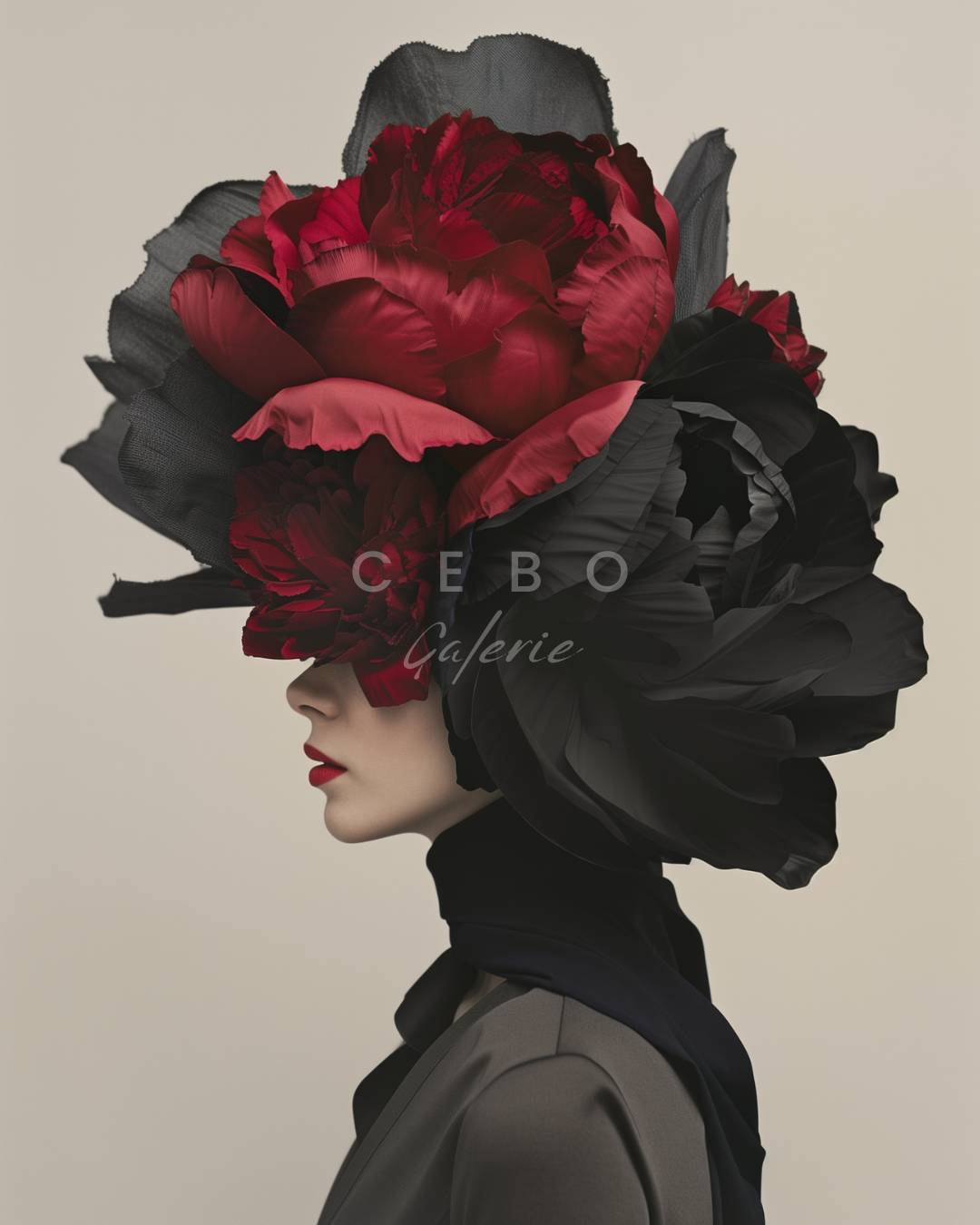 Présentation produit de l'affiche d'art intitulé enigme florale représentant une femme au visage dissimulé par de grandes fleurs rouges et noirs.